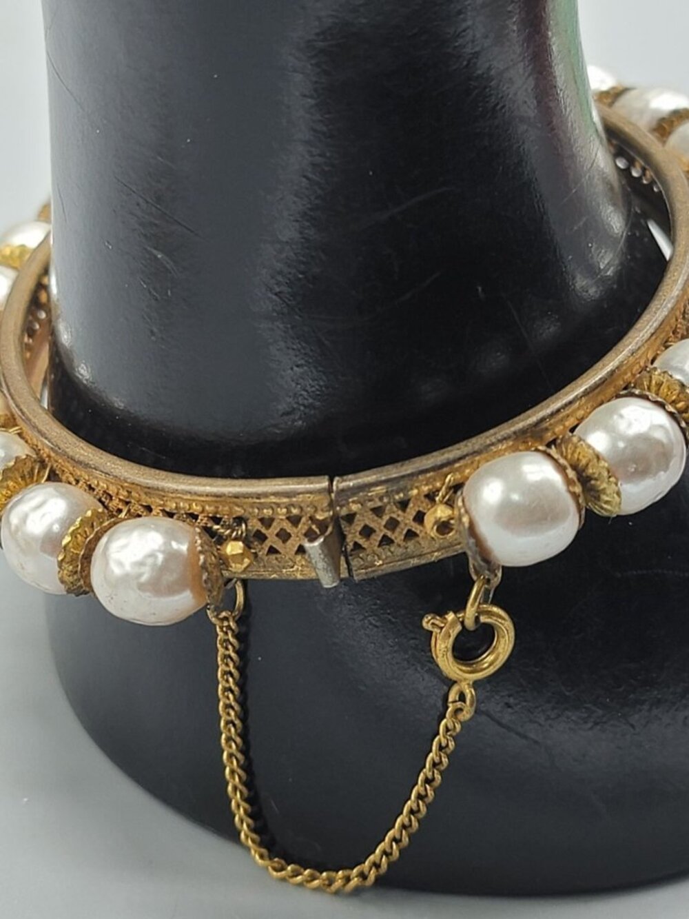 VTG Miriam Haskell Faux Baroque Pearl Clamper Bangle Bracelet Rare 1949 6.25" - Picture 14 of 16